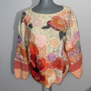 Vintage Connexion Au Contraire Patchwork Appliqué Floral Wool Blend Sweater